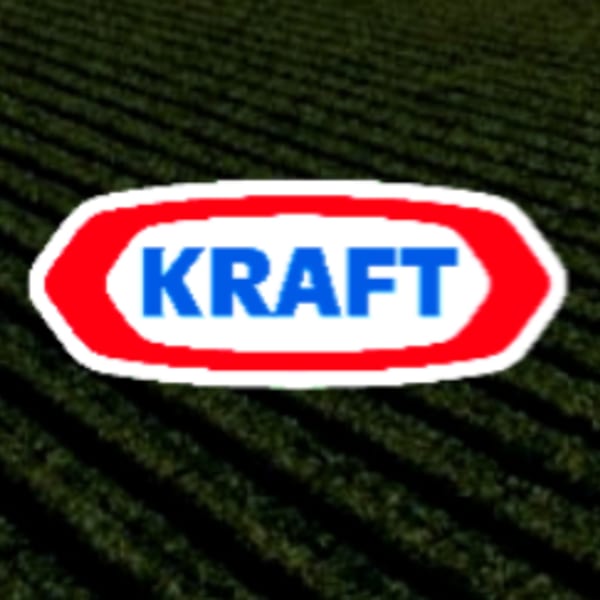 Kraft logo, blue text on a white oval with a red border, over a dark green textured background.