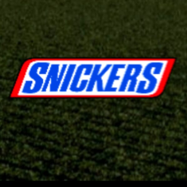 The Snickers candy bar logo in blue with a red and white outline against a dark green background.