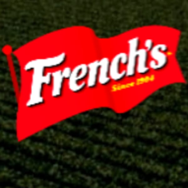 Red French's flag with white lettering and "Since 1904" in yellow, against a dark green background.