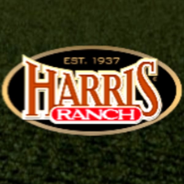 Harris Ranch logo, established 1937, with a black oval background and gold border.