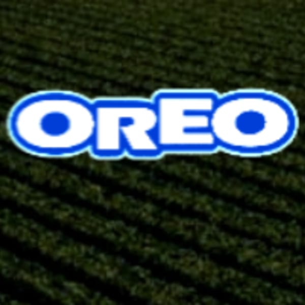 The blue and white Oreo logo is centered against a dark, textured background.