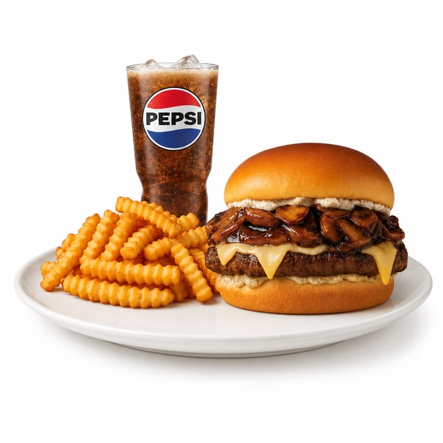 27 Mushroom swiss burger combo.